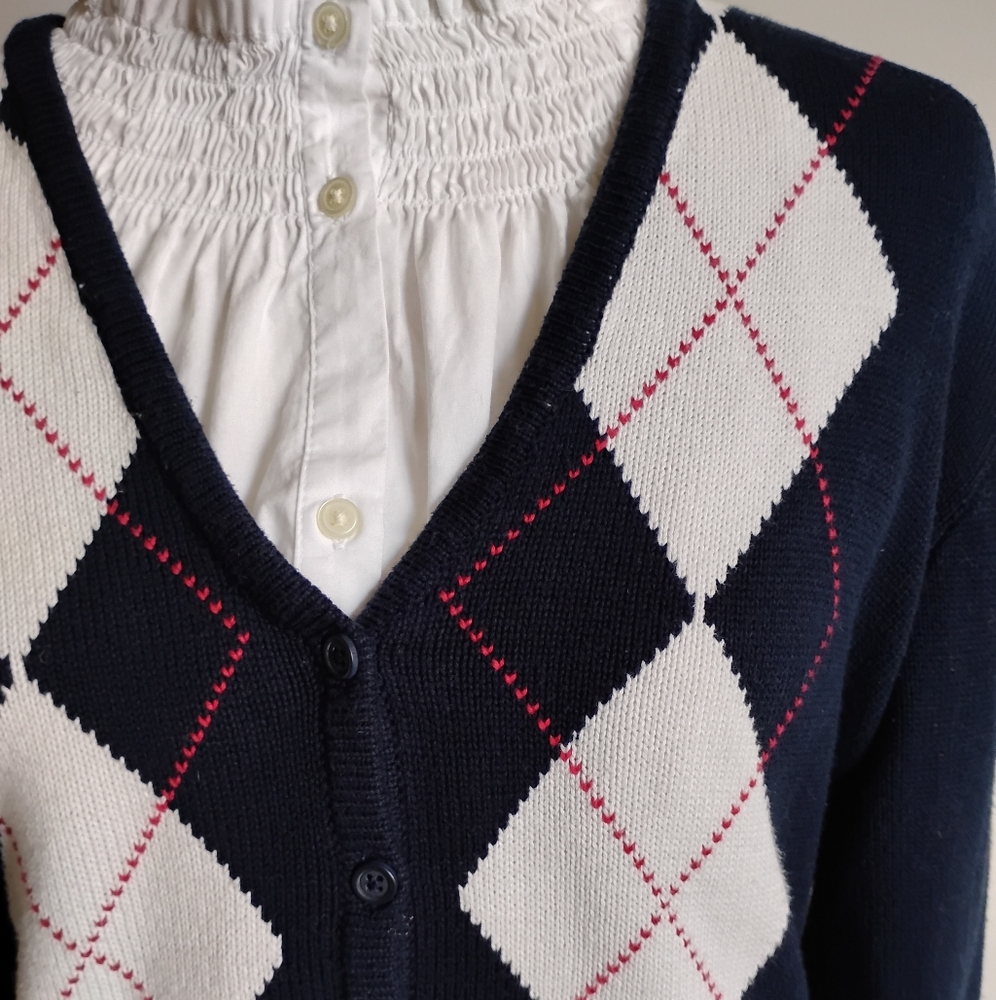 John Galt Cotton V-Neck Cardigan Sweater Navy Blue Red White Tennis Prep Sz Med - Picture 3 of 12